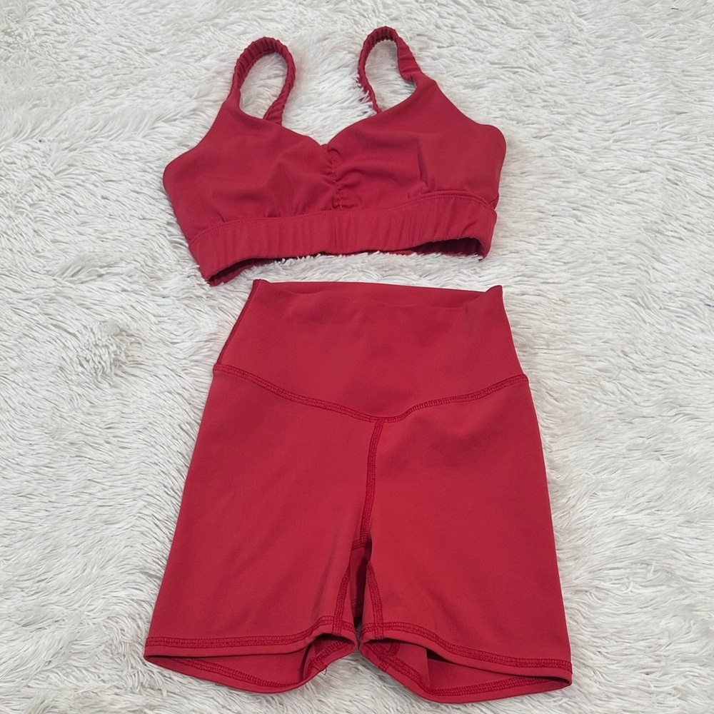 Girls' Red Active Matching Set — Sports Bra & High-Waist Bike Shorts